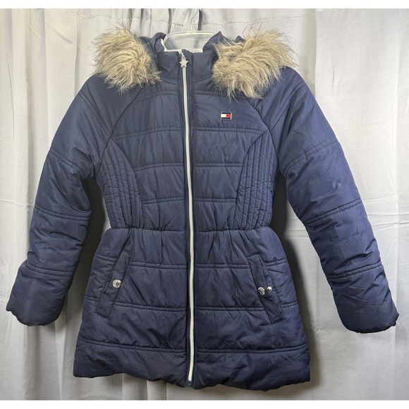 Tommy Hilfiger Jacket Girls‎ Medium 10/12 Navy Hooded Faux Fur Lined Winter Coat